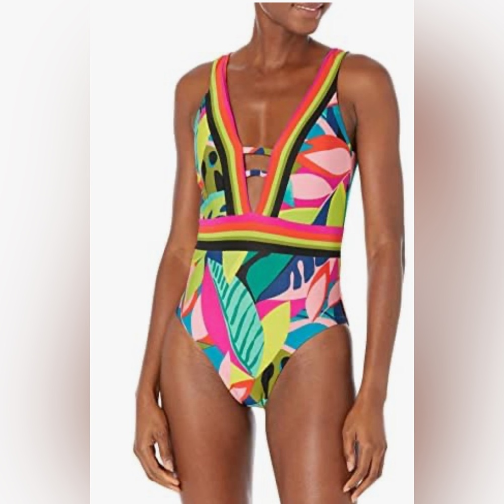 Trina Turk  Women's Standard Rainforest Plunge Hi Leg One Piece, Multi, Size 10